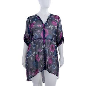 Torrid 3XL Lexie SHEER Navy Blue Floral Chifon Hi-Lo Tunic Babydoll Witchy Boho